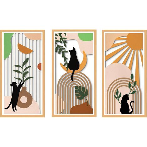 Wandskulpturen aus Holz, Boho-Chic-Dekor, 3-teilig mit Katze, Vase, tropischen Blättern, Sonne- und Mondmotiven (1/5)