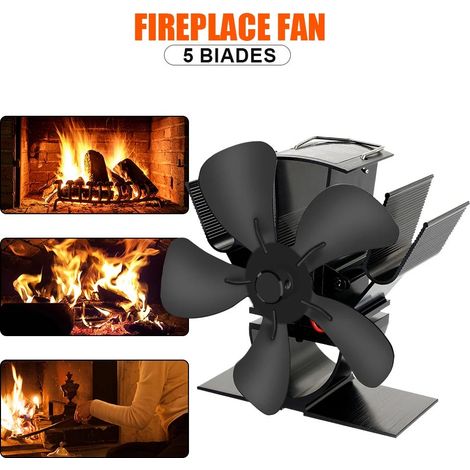 Ventilateur de poêle à bois silencieux, 4 pales, noir, fonctionne sans électricité grâce à la chaleur, diffusion optimale de l'air chaud dans toute la pièce, pour cheminée et insert. (1/3)