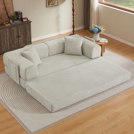 Canapé droit convertible avec poches latérales, Canapé-lit sans structure avec 2 coussins et trois cadres de soutien, beige (1/5)