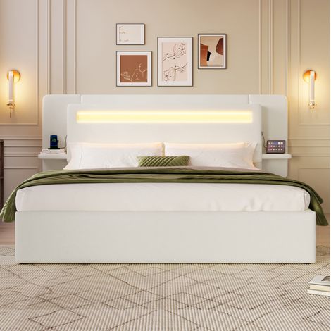 Letto matrimoniale 140x200 cm in MDF e lino beige con contenitore, senza materasso FloraGrace (1/5)