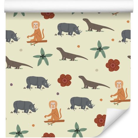 Papel pintado con motivos de flora y fauna tropical en tonos crema y beige para salón y dormitorio (50x1000 mm) (1/5)