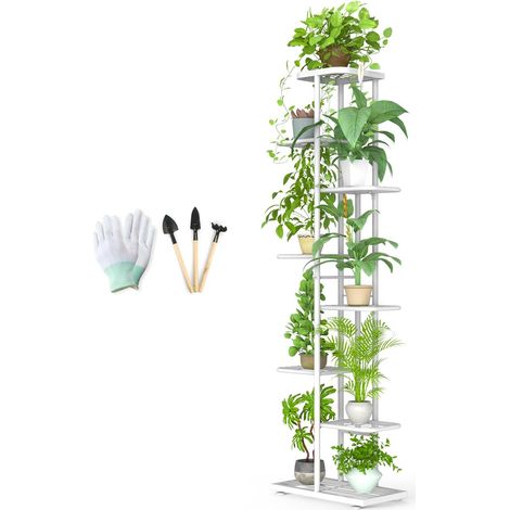 8 Niveaux Support de Plante en Métal avec Outils de Jardinage et Gants, 141cm Multiple Étagère à Fleurs Support de Pots Fleurs, Porte Plante Interieur Exterieur pour Balcon Jardin, Blanc (1/5)