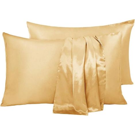 Set mit 2 champagnerfarbenen Satin-Kissenbezügen – 100 % weiche Mikrofaser für Hautpflege, fusselfrei, milbenabweisend, hypoallergen (1/5)