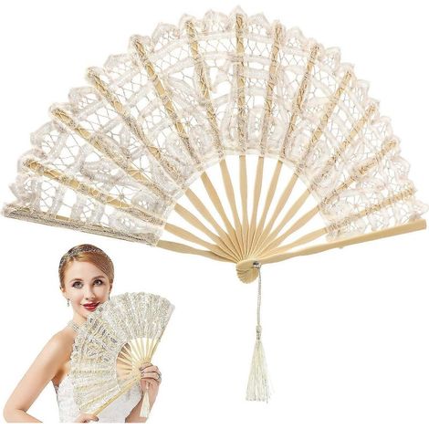 Vintage-Fächer aus Baumwolle und Bambus, faltbar und elegant, Geschenk für Frauen (beige) – 50,00 x 27,00 x 0,20 cm – Beige (1/2)