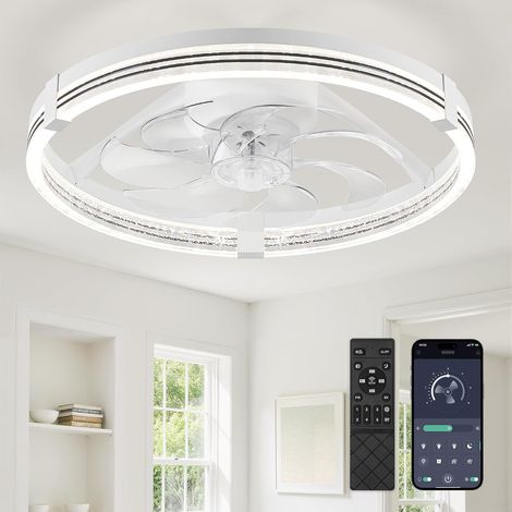 ZMISHIBO Ventilateur de plafond avec lumière Silencieux, Plafonnier LED Dimmable 3000K-7000K, 6 Vitesses Réversible, APP & Télécommande, Timer, Lustre pour Chambre Salon (Blanc) (1/5)
