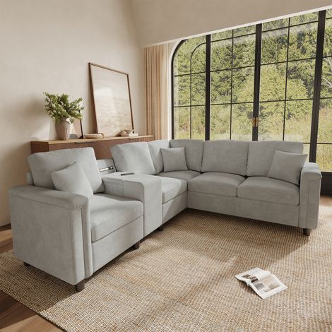 Canapé d'angle 5 places - 235x208x83 cm - usb et usb-c - rangement intégré - tissu chenille - forme en l - moderne - gris clair (1/5)
