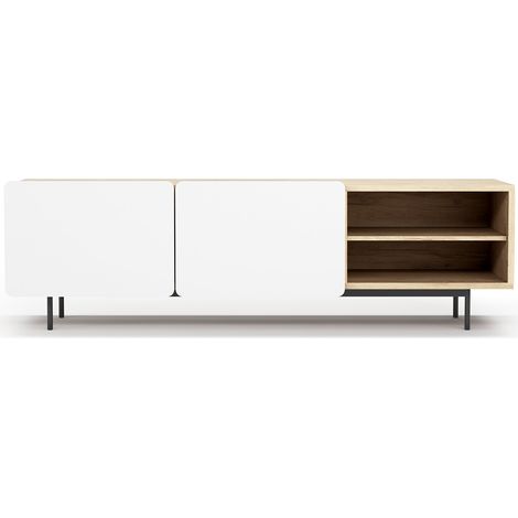 Mueble TV, colección BISCUIT, en melamina con 2 puertas y 2 estantes abiertos en un extremo. Roble-Blanco (1/5)