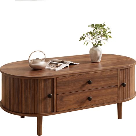 Table basse ovale en MDF avec lattes verticales, portes coulissantes et 2 tiroirs. (1/5)
