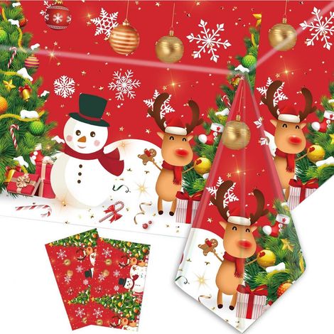 2er Set Weihnachtstischdecke 137x274cm Rot mit Schneemann & Rentier Motiv