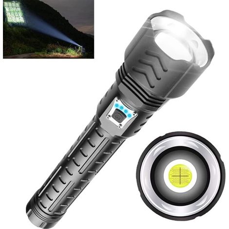 Torcia LED XHP90 ultra potente da 12000 lumen, 5 modalità, ricaricabile tramite USB, torcia super luminosa con zoom per campeggio e sport all'aria aperta, batterie incluse.
