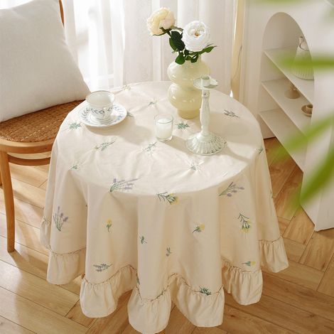 Nappe en coton volants, broderies vintage, motif floral, couvre-table blanc pour cuisine, salle à manger, fête - 60 pouces de diamètre (1/4)