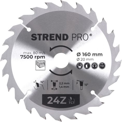 Scheibe Strend Pro TCT 160x2.2x20/16 mm 24T, für Holz, Sägeblatt, SK-Zähne