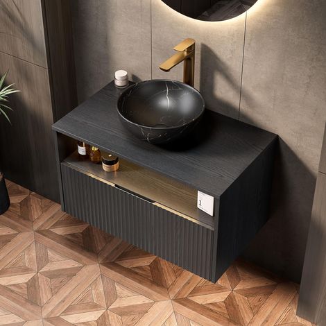 Badezimmer-Hängeschrank 80x46x45 cm, Waschtischunterschrank mit schwarzem Aufsatzwaschbecken in Steinoptik und LED-Sensorbeleuchtung, Sperrholz, Schwarz