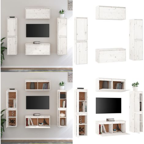 Meubles TV 6 pcs Blanc Bois massif de pin - Meuble Tv - Meuble Suspendu - Rangement Mural - Bibliothèque Murale - Décoration Murale - Home & Living (1/5)