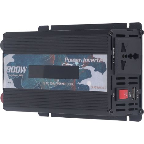 Onduleur 300W DC 24V vers AC 110V, onde sinusoïdale modifiée, pour camping-car, solaire extérieur, avec port USB 2.0A, ventilateur de refroidissement et écran LCD, design carpe koï, noir, 12V/24V. (1/5)