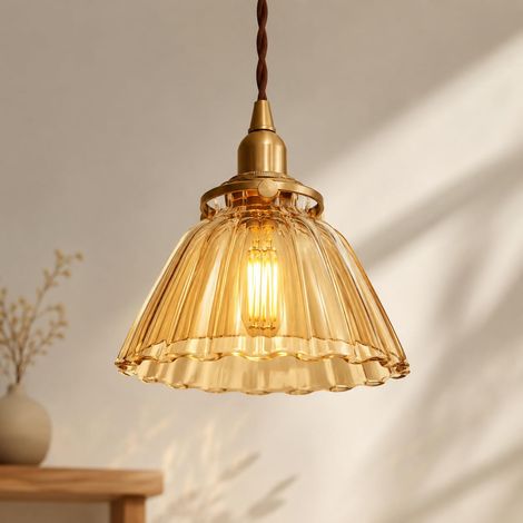 Suspension en Verre Ambré E14 avec Douille en Laiton Petit Lustre Industriel Strié 14,5 cm pour Cuisine Salon Bar (1/5)
