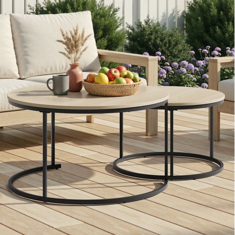 Runder Couchtisch, 2er Set Nesting Tische, Tischplatte in Holzoptik und Metallgestell, für Wohnzimmer, 80 × 80 × 45 cm (1/5)