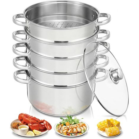 Marmite à Vapeur en Acier Inoxydable, Cuiseur Vapeur, Casserole (5 en 1), Diamètre 26 cm, avec Couvercle en Verre, Cuiseur Vapeur pour Tous Types de Cuisinières, y Compris à Induction, Argent (1/5)