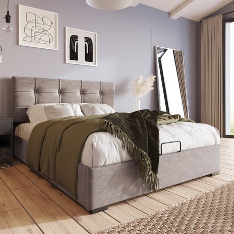 Lit capitonné moderne 90x200 cm en velours gris clair, tête de lit réglable, sommier relevable avec rangement (1/5)