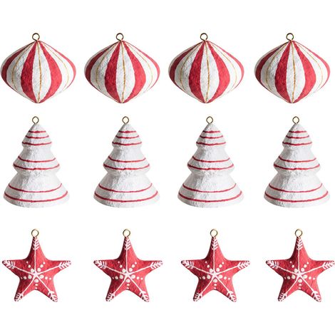 Weihnachtsbaumschmuck 12er Set GIDEALVEN Pappmaché Rot / Weiß