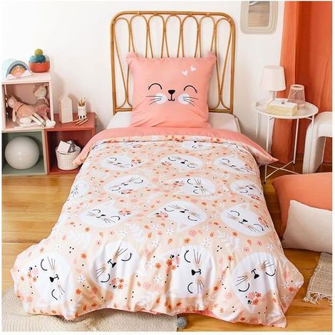 Parure de lit Chat 140x200 cm– Housse de Couette Rose + 1 Taie d’Oreiller avec Oreilles Matelassées – Parure Réversible Microfibre