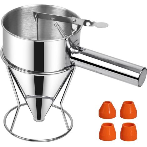 Embudo de pistón de acero inoxidable, embudo de cocina multicalibre de 1,2 litros con pistón para repostería y soporte, dispensador de masa para pasteles, crepes y postres. (1/5)