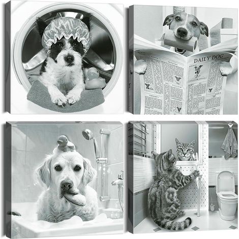 Lot de 4 tableaux sur toile motif chat et chien, décoration murale moderne 30x30cm (1/5)