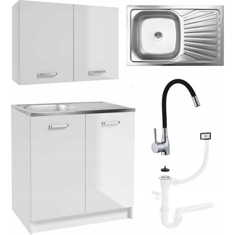 Ensemble de meubles de cuisine avec évier - 80 cm - Blanc brillant - Robinet de cuisine flexible - Ensemble évier