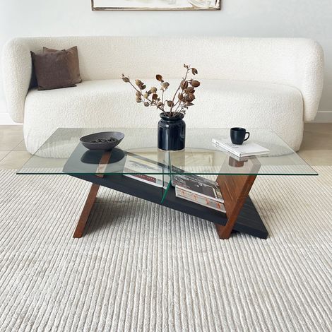 Mesa de Centro Incarico, un Compartimento, Forma Rectangular, Tablero Transparente, 105x65x31h cm Marrón Nogal (1/5)