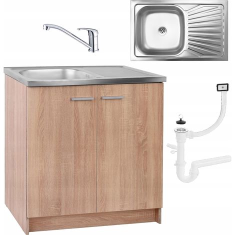 Meuble sous évier 80 cm en chêne sonoma – Évier inox résistant – Robinet à rotation chromée – Siphon inclus – Installation simplifiée