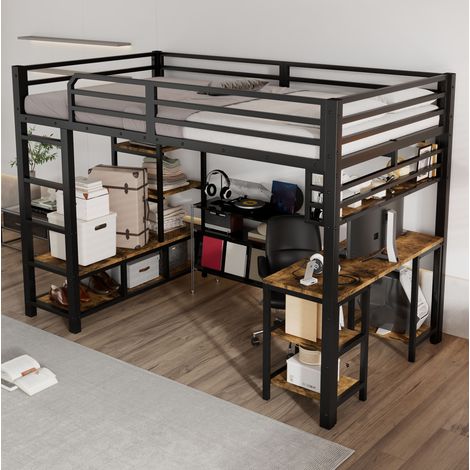Cama alta 120x200 cm negra y nogal oscuro, metal y tablero aglomerado con escritorio (1/5)