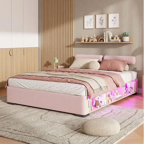 Cama infantil 140x200 de terciopelo rosa con estante LED y almacenamiento lateral DESVIAE (1/5)