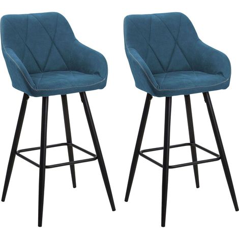 Beliani – Lot de 2 tabourets de bar en tissu bleu – Hauteur d'assise 74 cm – Pieds en métal noir – Style rétro pour cuisine ou salle à manger