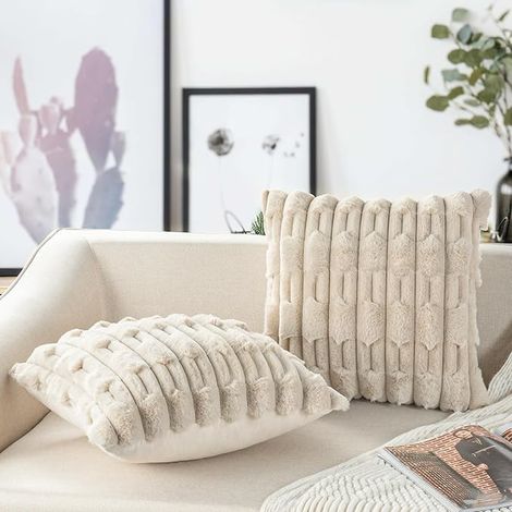 Lot de 2 Housse Coussin Beige 60x60 Fausse Fourrure Coussin Canape Douce Moelleuse Housse de Coussin Salon Canapé Chambre à Coucher Voiture