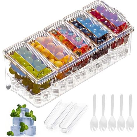 Grand distributeur de sauces réfrigéré avec couvercle - 5 plateaux amovibles - plateau à fruits et garnitures - bloc réfrigérant transparent (1/5)