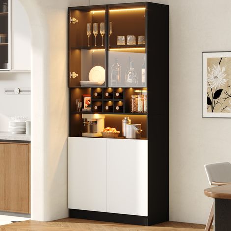 MODFU – Vitrina LED 80x30x180 cm con botellero para 6 botellas, 2 puertas de vidrio templado y bisagras silenciosas para salón – Negro (1/5)