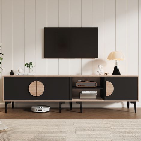 Meuble TV 180 cm effet chêne et noir, 3 portes, 2 niches ouvertes, 7 pieds, rangement, pour téléviseur jusqu’à 80 pouces (1/5)