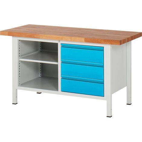 STIER Höhenverstellbare Werkbank Premium mit 3 Schubladen und einem offenen Fach BxTxH 1500x700x840-1040mm RAL 7035 / RAL 5012 (1/5)