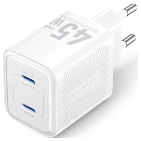 Cargador de Pared GaN Vention FEFW0-EU 2xUSB-C 45W Blanco