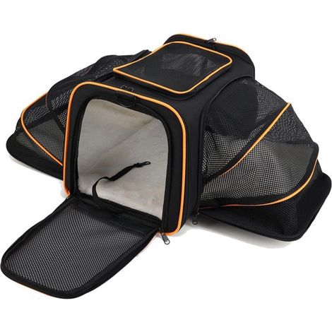 Trasportino per cani e gatti pieghevole ed espandibile, materiale traspirante con cuscino rimovibile, approvato dalla compagnia aerea, ideale per viaggi, escursioni e campeggio (Nero Arancione) (1/5)