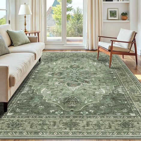 Vintage Tapis de Salon 183x274 cm Lavable Gris/Vert Tapis Salon, Tapis Chambre, Lavable en Machine, Vintage, Boho, Rétro, Antidérapant, Cuisine, Salle à Manger, Douce, OEKO (1/5)