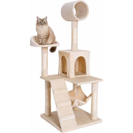 lionto Kratzbaum, stilvoller 133 cm Katzenbaum mit Plüschbezug, robusten Sisalstämmen & vielseitigen Liegeflächen, beige (1/5)