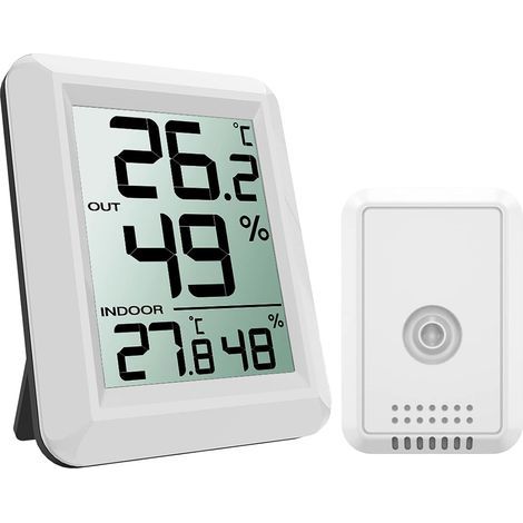 Thermomètre Hygromètre Digital, Thermomètre Intérieur Extérieur avec Sans Fil Émetteur, Moniteur de Température et Humidimètre, Grand Écran LCD, ℃/℉, Pile Fournie, 60s Auto Refresh - Blanc (1/5)