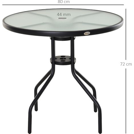 Table de jardin, table de balcon, table bistro avec trou pour parasol Ø80 cm, verre trempé et métal noir, idéale pour le jardin et la terrasse (1/5)