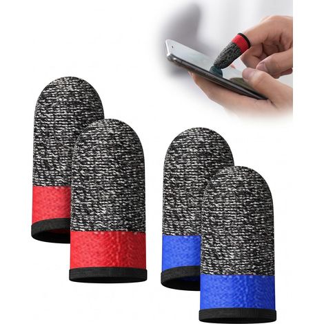 Gaming Finger Sleeves, 2 Pairs (Black/Red & Black/Blue) – 24 High-Sensitivity Needles, Sweat-Resistant Touchscreen for Mobile Gaming, Breathable Thumb Covers (1/5)