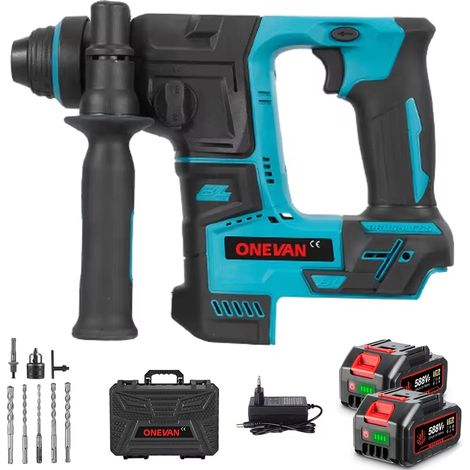 Marteau perforateur 27 mm sans balais, perceuse à percussion sans fil multifonction, marteau rotatif compatible batterie Makita 18V, avec 2 batteries + 8 accessoires + coffret de rangement plastique (1/5)