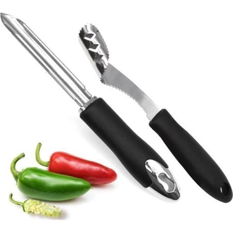 Set aus 2 Paprikaentkernern aus Edelstahl mit gezahnter Kante und Gummigriff für Jalapeños, Chilischoten und Paprika. (1/4)