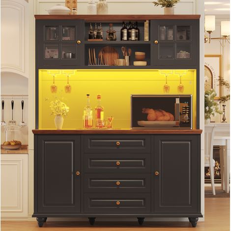 Buffet de cuisine noir en MDF avec éclairage LED RGB, étagères réglables et porte-verres (1/5)