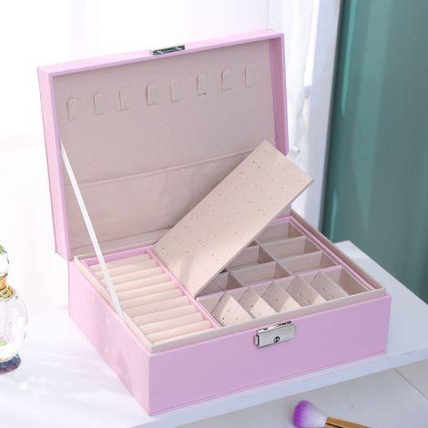(Rose) Boîte de rangement à bijoux double couche en acier inoxydable, adaptée aux colliers et boucles d'oreilles pour femmes et enfants. (1/2)