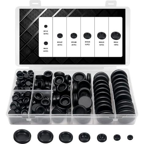 Assortiment de 188 Douilles en Caoutchouc, 7 Tailles M7.14, M9.53, M12.07, M15.88, M19.05, M22.23, M25.4 pour la Protection des câbles (Noir) (1/5)